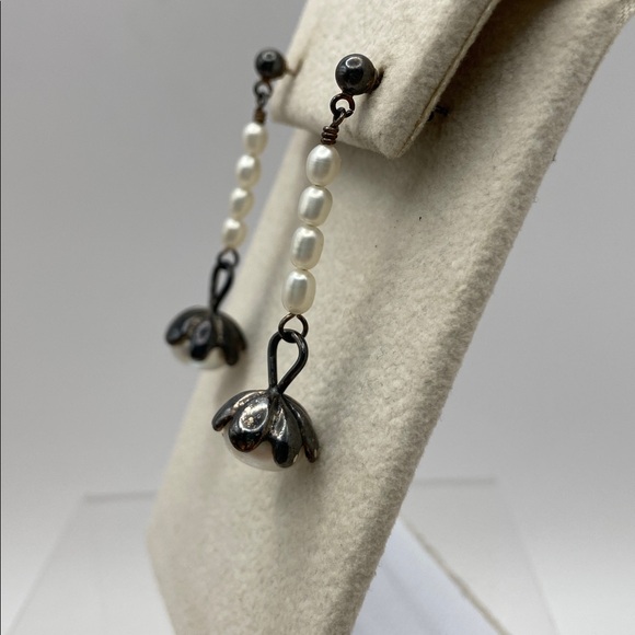 Vintage Sterling Silver 925 White Cultured Pearl Dangle Drop Earrings Pierced
